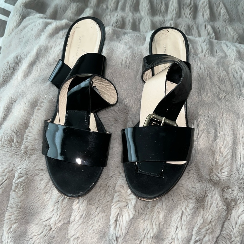 AGL black patent leather wedge sandal